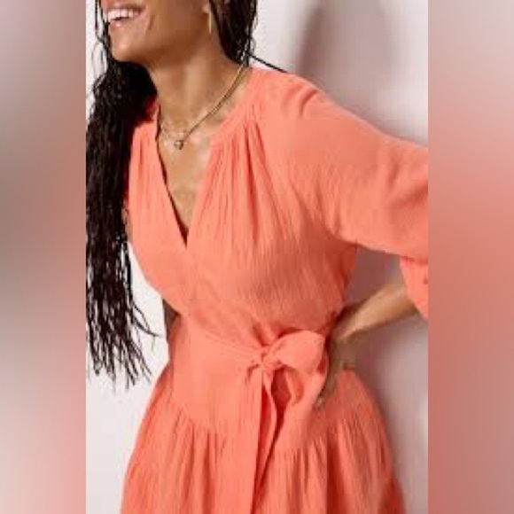 NWT Rails Women’s Aureta V-Neck Tiered Organic Cotton Belted Dress Papaya Medium - Picture 3 of 15